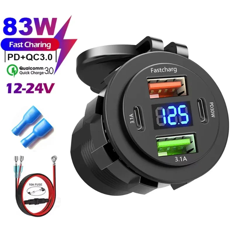 83W Max Phone Charger Socket 45W PD+QC3.0 Fast Charging Adapter Waterproof For 12/24V Car Boat Motorcycle with LED Voltmeter