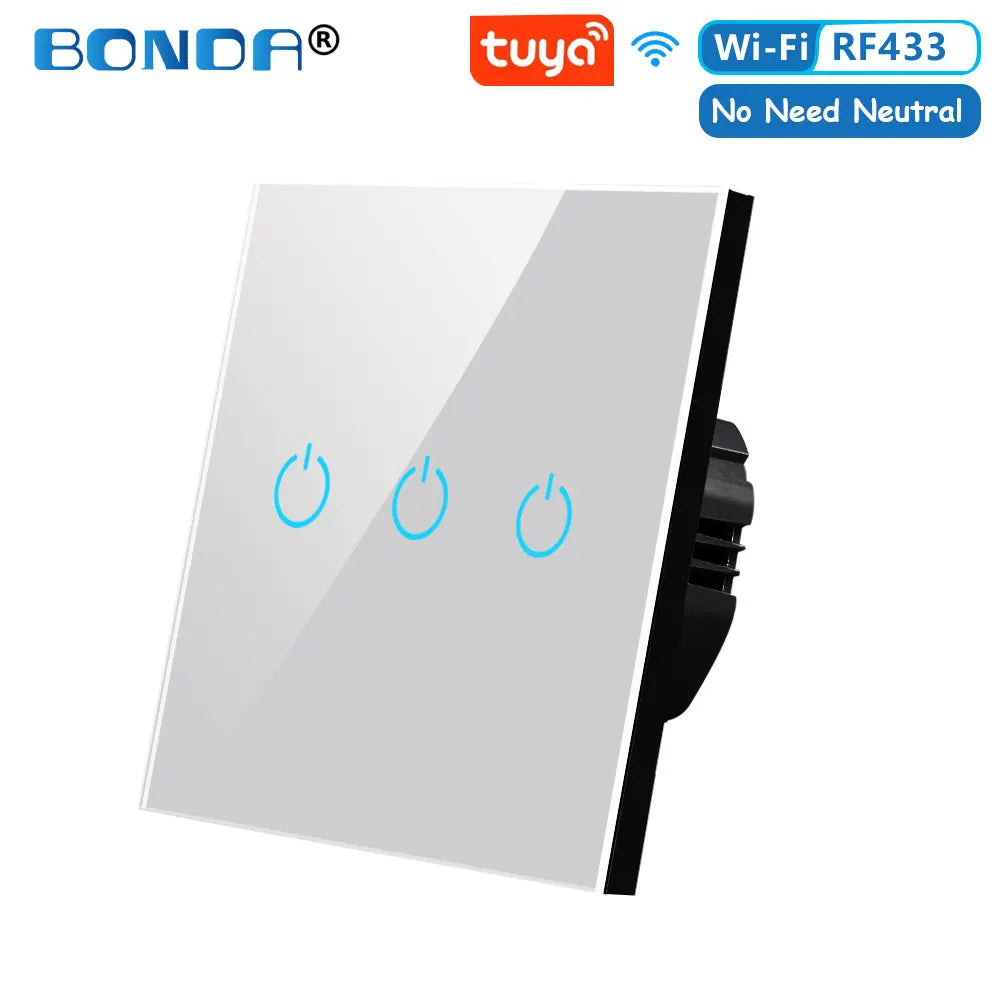 BONDA Smart Switch Alexa RF433 No Neutral Tuya Control Works With Google 1/2/3 Gang Smart Life Home Light WiFi Touch Switches 86