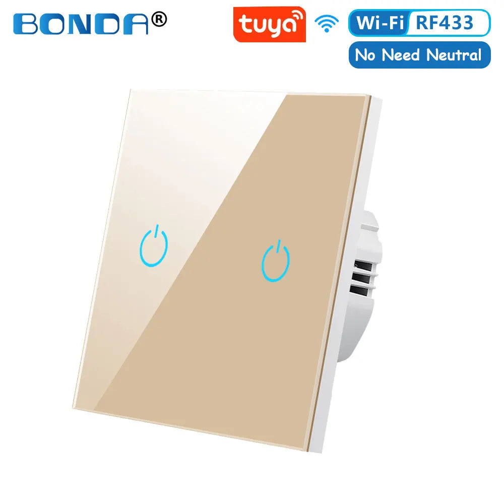 BONDA Smart Switch Alexa RF433 No Neutral Tuya Control Works With Google 1/2/3 Gang Smart Life Home Light WiFi Touch Switches 86