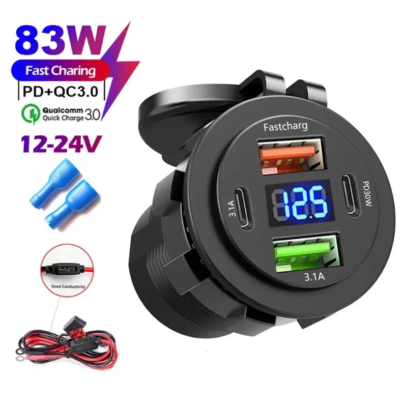 83W Max Phone Charger Socket 45W PD+QC3.0 Fast Charging Adapter Waterproof For 12/24V Car Boat Motorcycle with LED Voltmeter