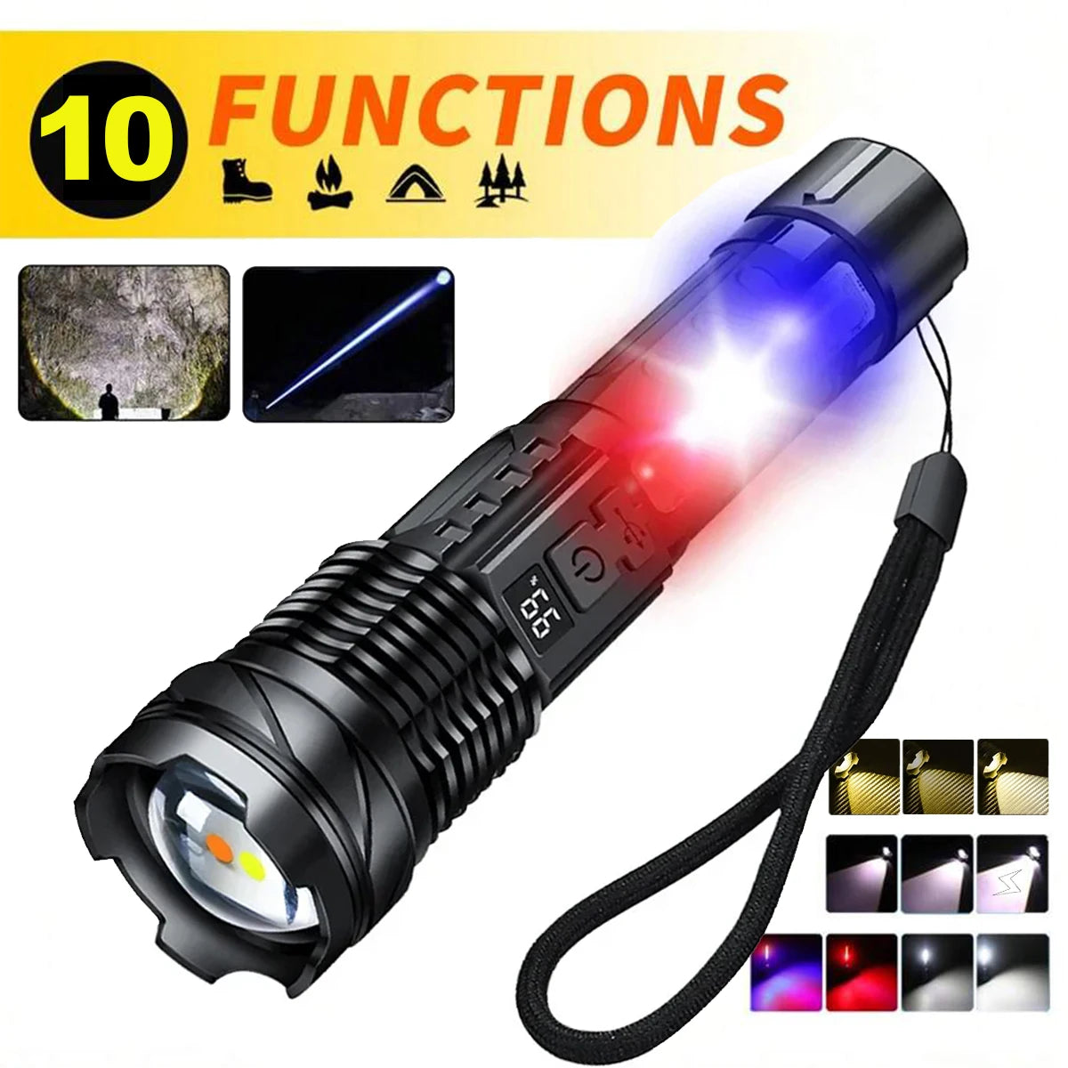 Heinast High Power LED Flashlight Powerful TYPE-C Rechargeable COB Flashlight With Side Light Torch For Outdoor Camping Hiking