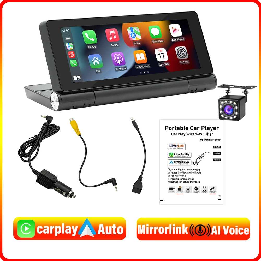 BQCC 6.86" 180° Folding Screen Portable MP5 Car Radio Wireless CarPlay Android Auto Mirrorlink Reversing Image Car Stereo