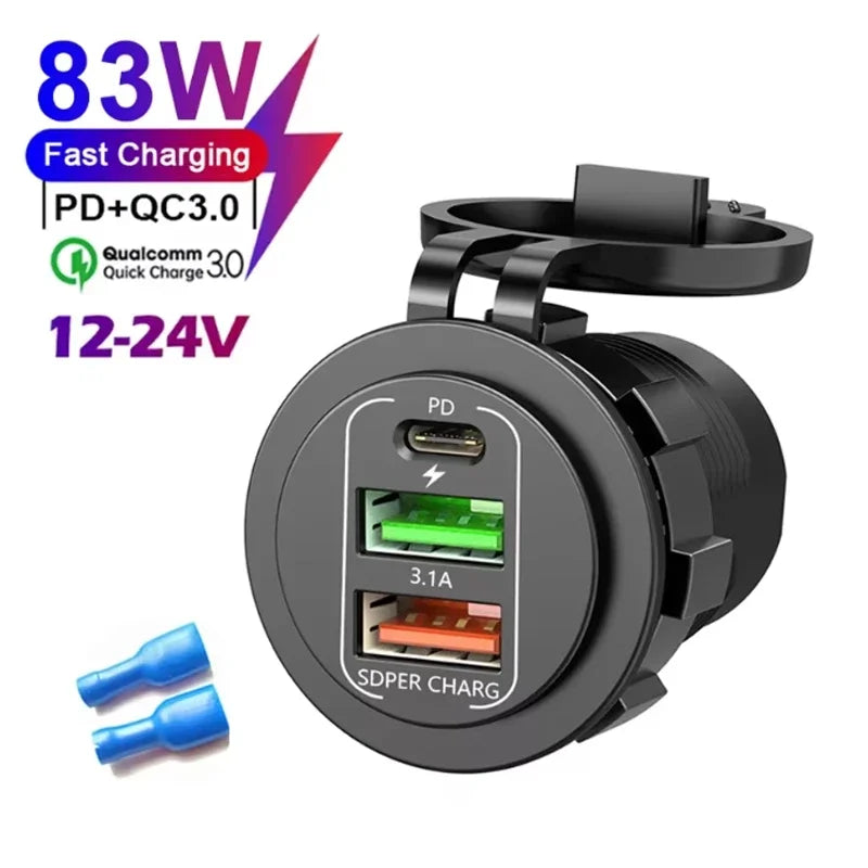 83W Max Phone Charger Socket 45W PD+QC3.0 Fast Charging Adapter Waterproof For 12/24V Car Boat Motorcycle with LED Voltmeter