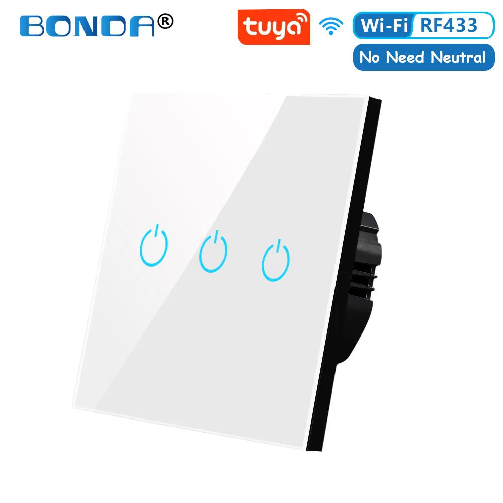 BONDA Smart Switch Alexa RF433 No Neutral Tuya Control Works With Google 1/2/3 Gang Smart Life Home Light WiFi Touch Switches 86