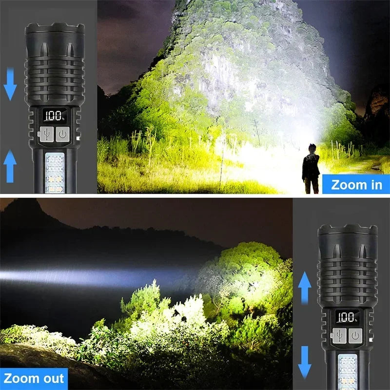 Heinast High Power LED Flashlight Powerful TYPE-C Rechargeable COB Flashlight With Side Light Torch For Outdoor Camping Hiking