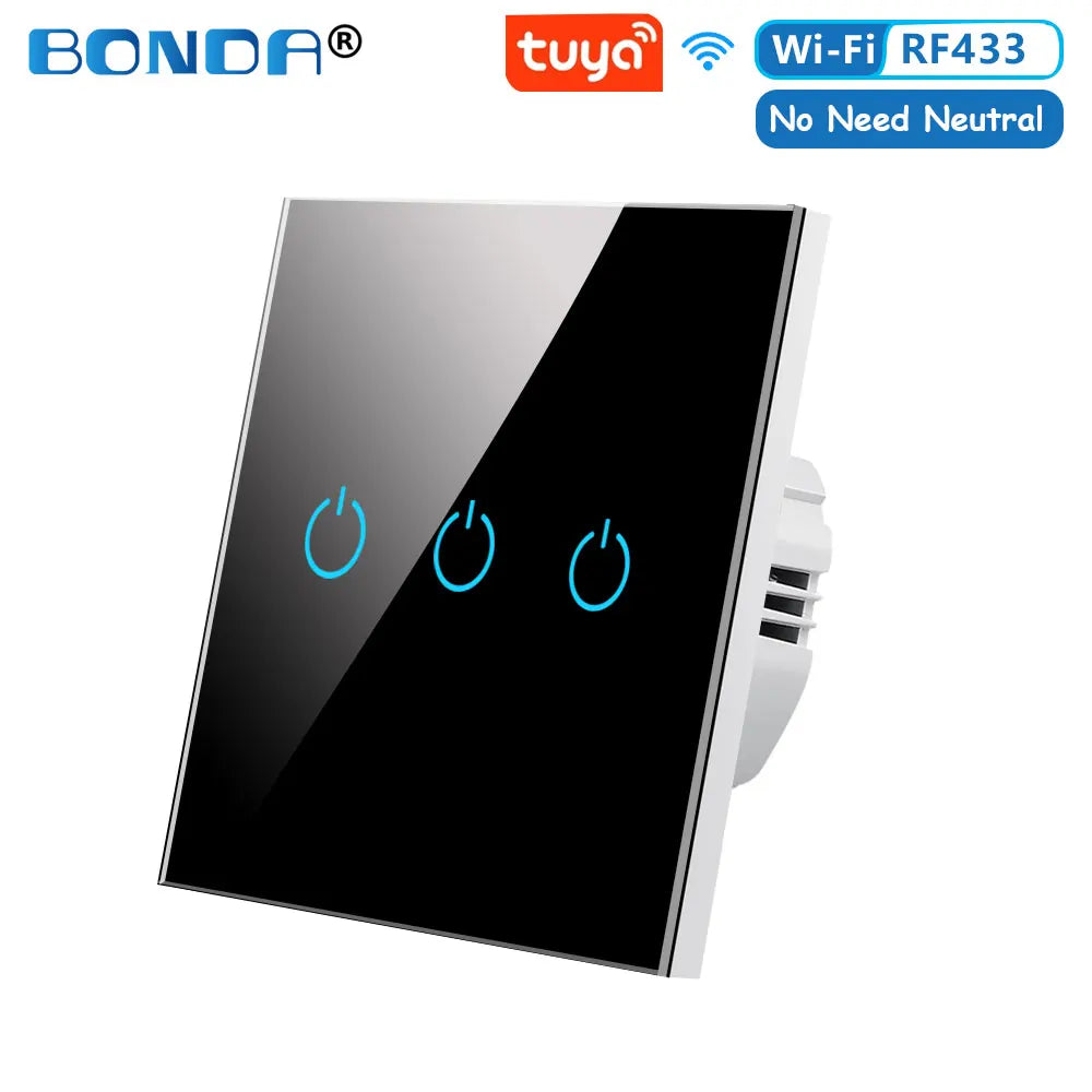 BONDA Smart Switch Alexa RF433 No Neutral Tuya Control Works With Google 1/2/3 Gang Smart Life Home Light WiFi Touch Switches 86