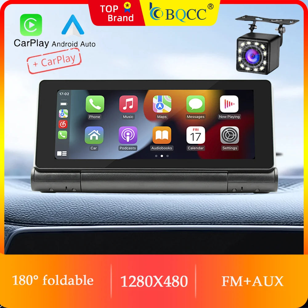 BQCC 6.86" 180° Folding Screen Portable MP5 Car Radio Wireless CarPlay Android Auto Mirrorlink Reversing Image Car Stereo